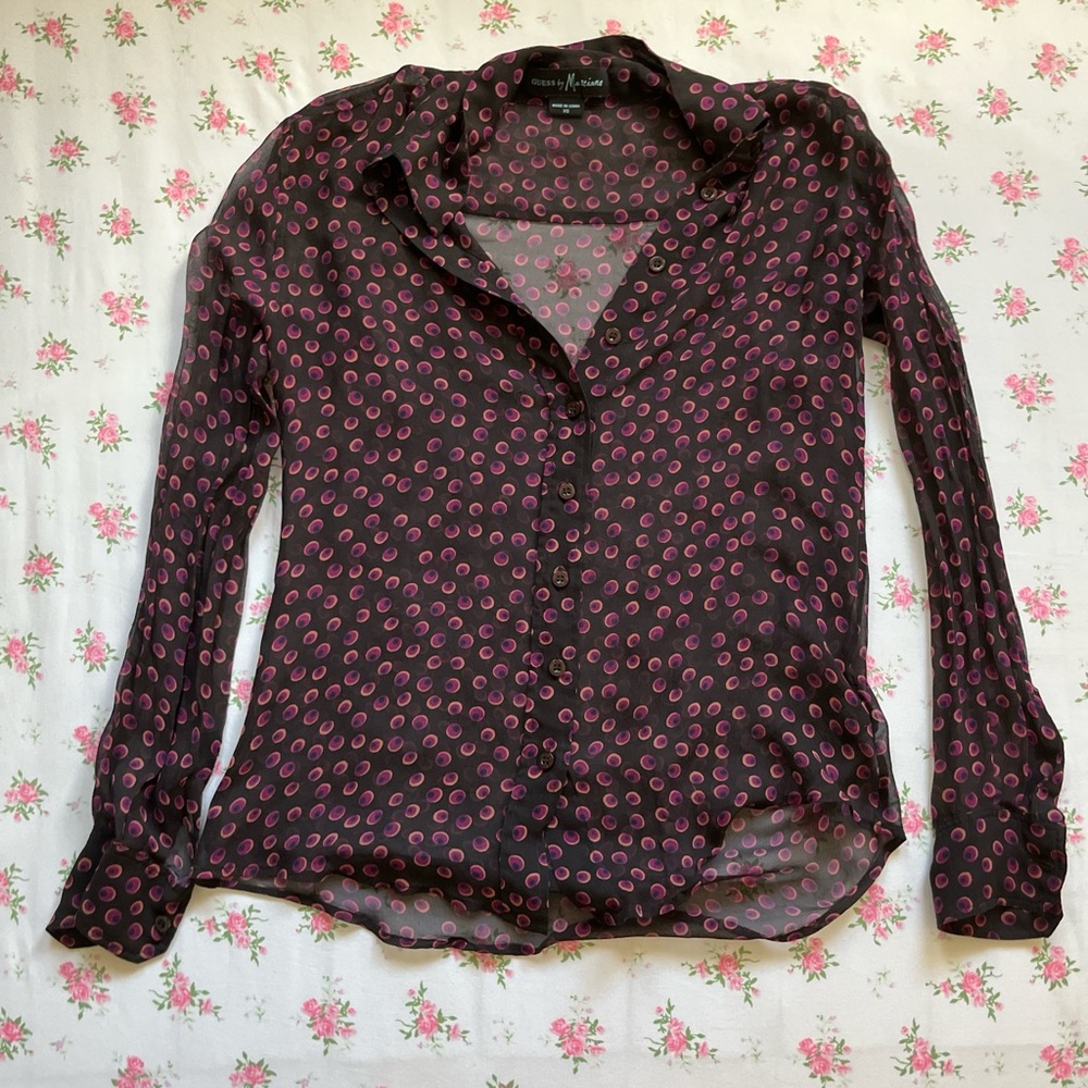 Guess by Marciano black button up purple polka dot sheer silk blouse